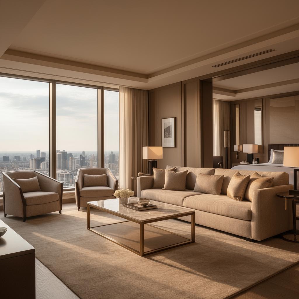 Ambient elegant i një suite condo hoteli me pamje nga qyteti