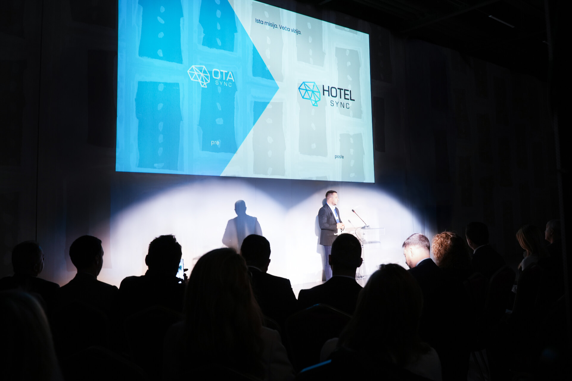 Prezantimi i rimarkimit të HotelSync në skenë, duke shfaqur kalimin nga OTA Sync në HotelSync